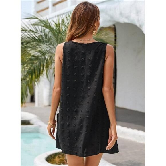 Womens Swiss Polka Dot V Neck Tank Dress Beach Cover Up Pockets Summer Casual - Picture 2 of 6